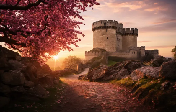 Landscape, castle, spring, flowering, landscape, pink, blossom, spring