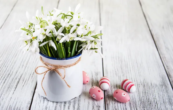 Flowers, eggs, colorful, snowdrops, Easter, happy, wood, blossom