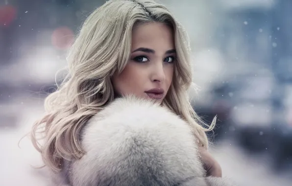 Picture winter, look, girl, snow, coat, fur, Karen Abramyan