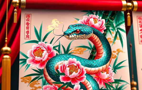 Flowers, snake, Christmas, snakes, New year, peonies, symbol of the year, 2025