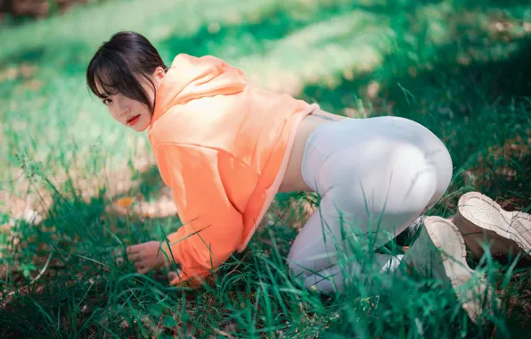 Ass, look, pose, green grass, brunette, Asian, ass, brunette