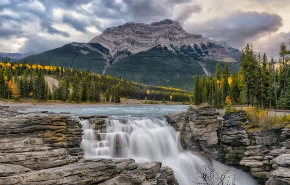 Picture river, rocks, mountain, waterfall, Canada, Albert, Jasper, Athabasca