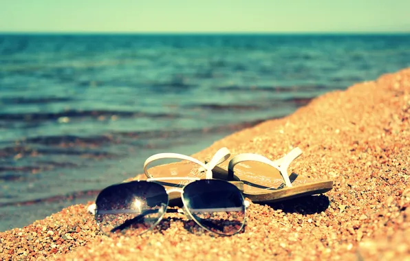 Picture sand, summer, water, the sun, lake, shore, glasses, flip flops