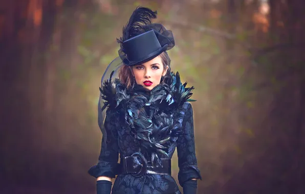 Picture girl, feathers, makeup, hat, Julia Altork, Victorian Goth