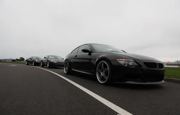 Aston Martin, Black, BMW, Ferrari, Overcast