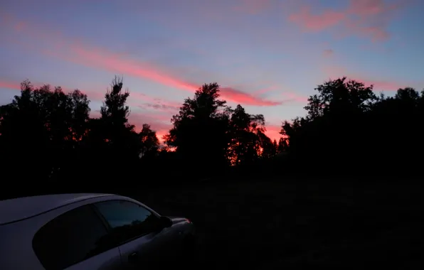 Machine, the sky, clouds, sunset, village, nissan