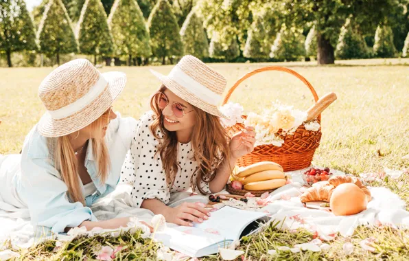 Summer, light, girls, stay, glade, fruit, picnic, basket