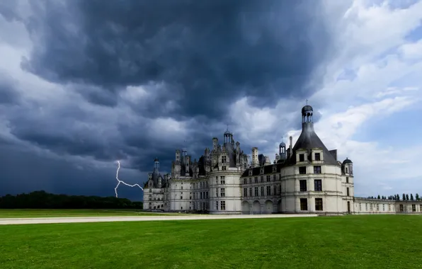 The storm, the sky, clouds, castle, lightning, France, France, Chateau de Chambord