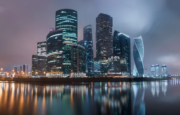 The city, reflection, river, building, home, the evening, lighting, Moscow