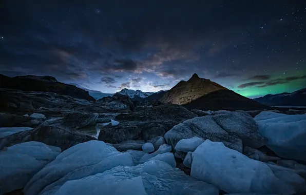 Picture ice, winter, stars, clouds, mountains, night, stones, hills