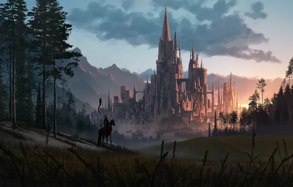 Picture forest, mountains, castle, warrior, Great castle