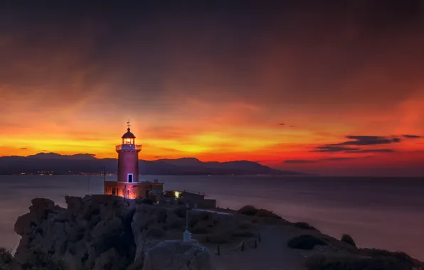 Sea, landscape, sunset, nature, rocks, lighthouse, the evening, Greece