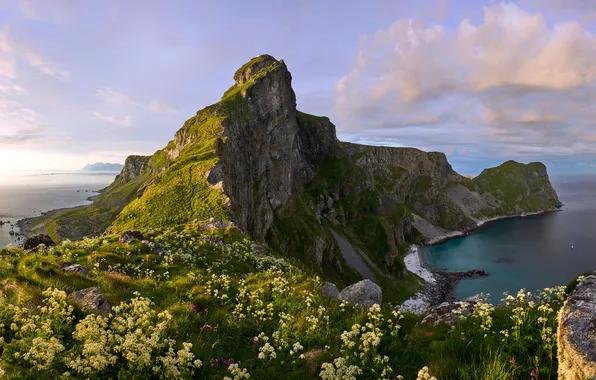 Island, Norway, Norway, Island, Mountains Peak Vaeroy, Ocean Coast, Verey Mountain Peak, Ocean coast