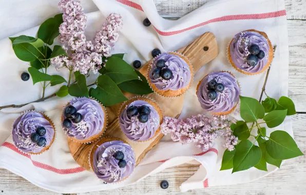 Berries, towel, blueberries, cream, lilac, cupcakes, cupcakes