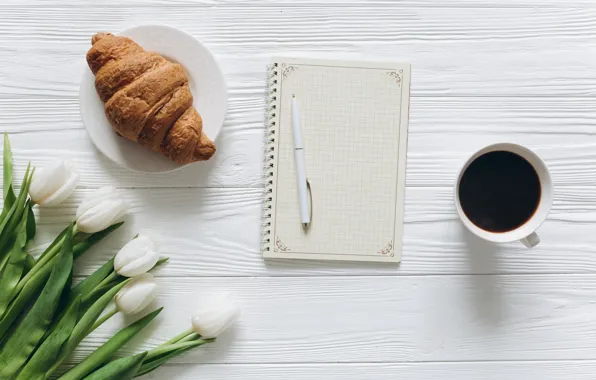 Flowers, Coffee, handle, Notepad, Croissant