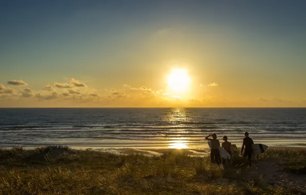 Sea, sunset, shore, people, guy, surfer