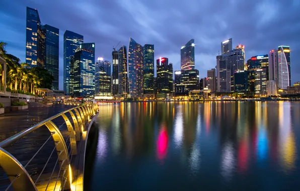 Picture the sky, night, bridge, lights, Strait, skyscrapers, backlight, Singapore