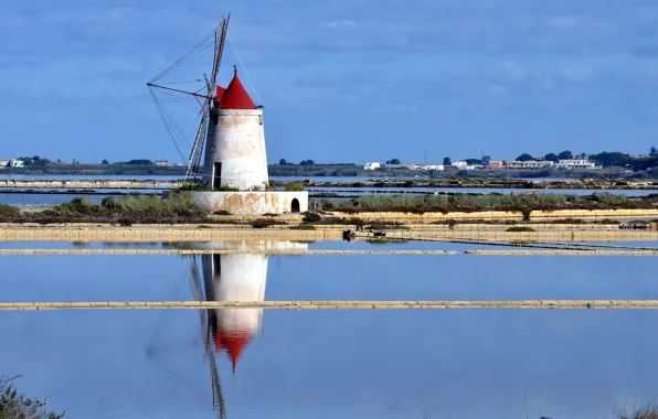 Picture the sky, water, home, windmill