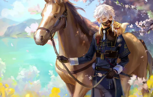 Horse, spring, anime, mask, art, Fox, guy, Touken Ranbu