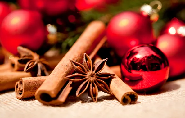 Winter, balls, toys, sticks, New Year, Christmas, red, cinnamon