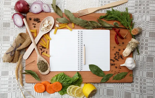 Picture lemon, bow, dill, spoon, pencil, notebook, carrots, garlic