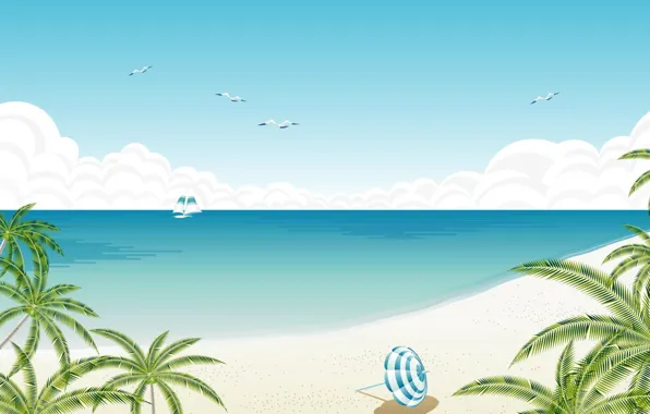 Vector, beach, coast, umbrella, yacht, palm