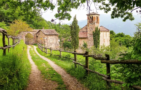 Road, greens, summer, grass, trees, mountains, branches, castle