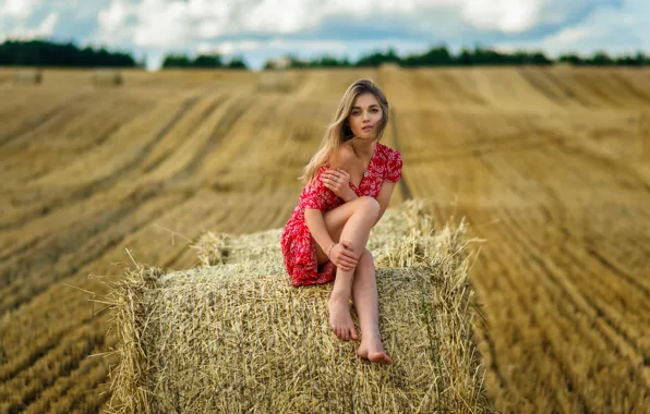 Field, the sky, look, clouds, sexy, model, hair, horizon