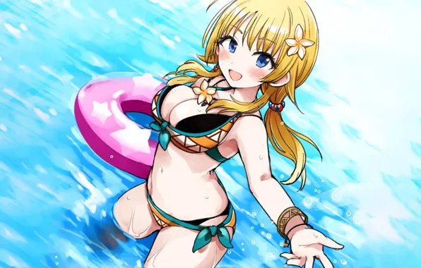 Girl, sexy, wet, cleavage, long hair, sea, boobs, anime
