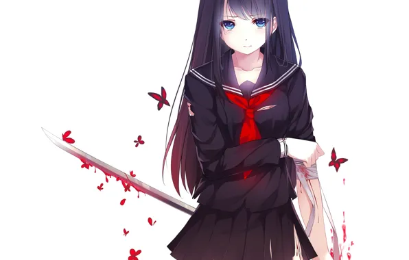 Picture sadness, look, girl, butterfly, blood, katana, cuts, headband