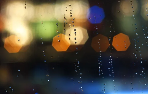 Picture glass, drops, lights, the evening, bokeh