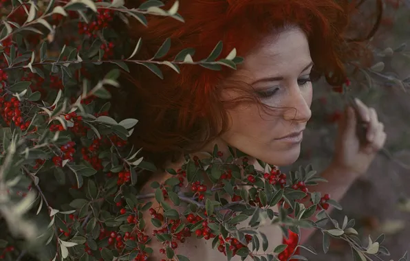 Girl, branches, nature, face, hair