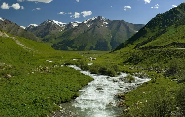The sky, grass, water, clouds, snow, mountains, river, stones