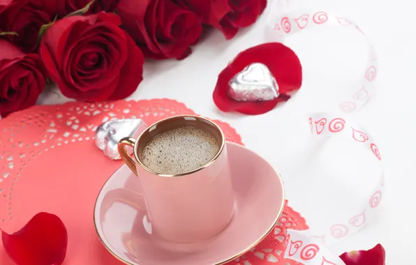 Picture love, flowers, coffee, roses, red rose, valentine's day