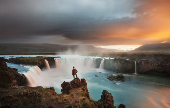 Clouds, waterfall, horizon, Iceland, traveler, the beauty of nature, water flows, Magnificent landscape