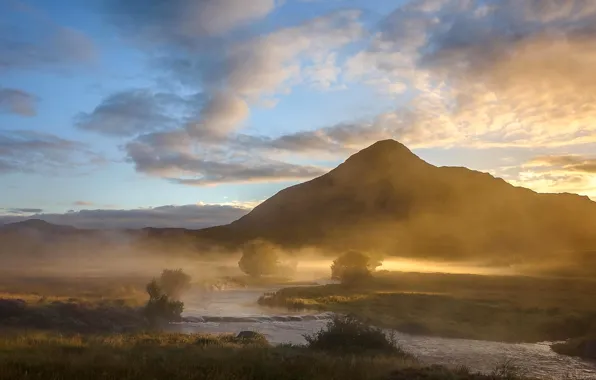 The sky, clouds, mountains, fog, river, dawn, hills, morning