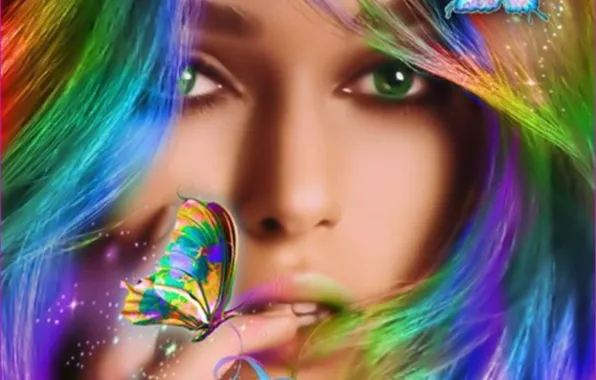 Picture girl, beautiful, hair, butterflies, colorful women