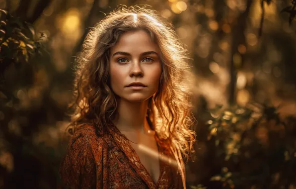 Look, girl, light, branches, nature, face, portrait, dress