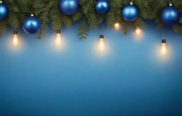 Balls, Christmas, New year, needles, garland, light bulb, blue, blue background