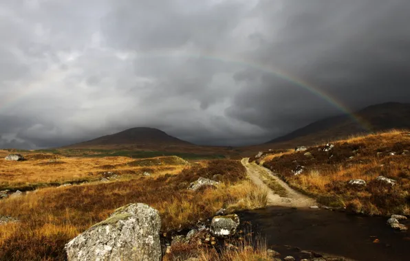 The sky, clouds, grey, rainbow, Scotland