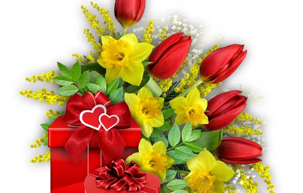 Flowers, holiday, heart, spring, gifts, tulips, bow, March 8