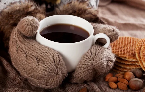 Picture comfort, coffee, Cup, drink, nuts, waffles, mittens