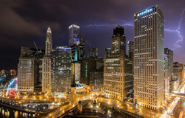 Picture the sky, night, lights, lightning, USA, the city of Chicago