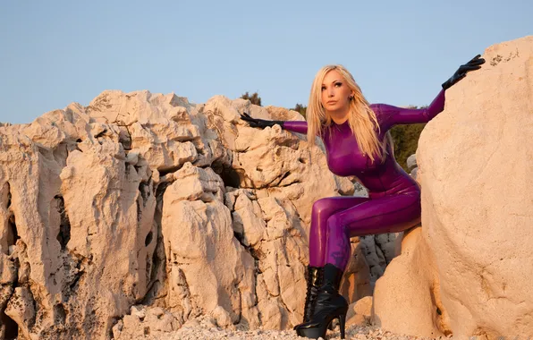 The sky, stones, rocks, blonde, latex, Susan Wayland, sky, rocks