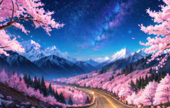 Picture Sky, Snowy, Mountain, Night, Digital Art, Scenery, Forest, Cherry Blossom