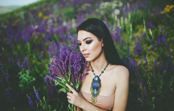 Field, girl, flowers, nature, portrait, bouquet, necklace, makeup