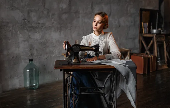 Picture girl, retro, sewing machine, Alex Kashechkin, Olga Ovcharova