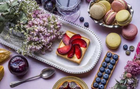Flowers, berries, table, glass, Apple, bouquet, cookies, blueberries