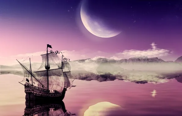 The moon, ship, moon, journey, ship, journey