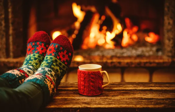 The evening, New Year, Christmas, Cup, socks, fireplace, Christmas, cup